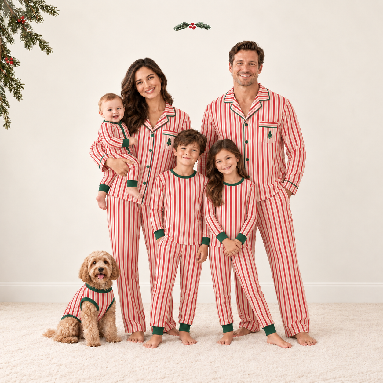 Christmas Family Matching Pajama Set with Red Candy Cane Stripe Print and Green Trim for Women, Men, Kids, Baby and Dog