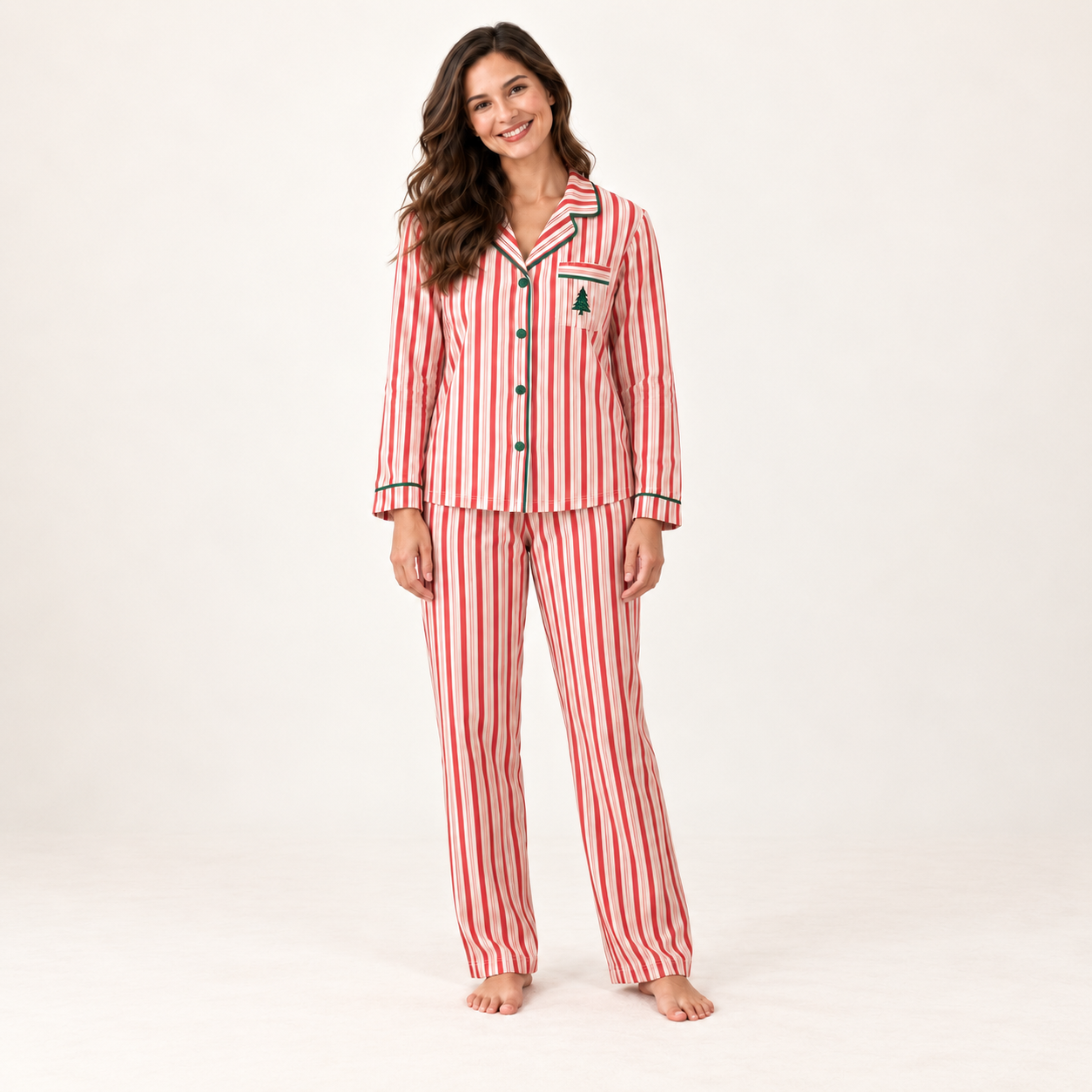 Christmas Family Matching Pajama Set with Red Candy Cane Stripe Print and Green Trim for Women, Men, Kids, Baby and Dog