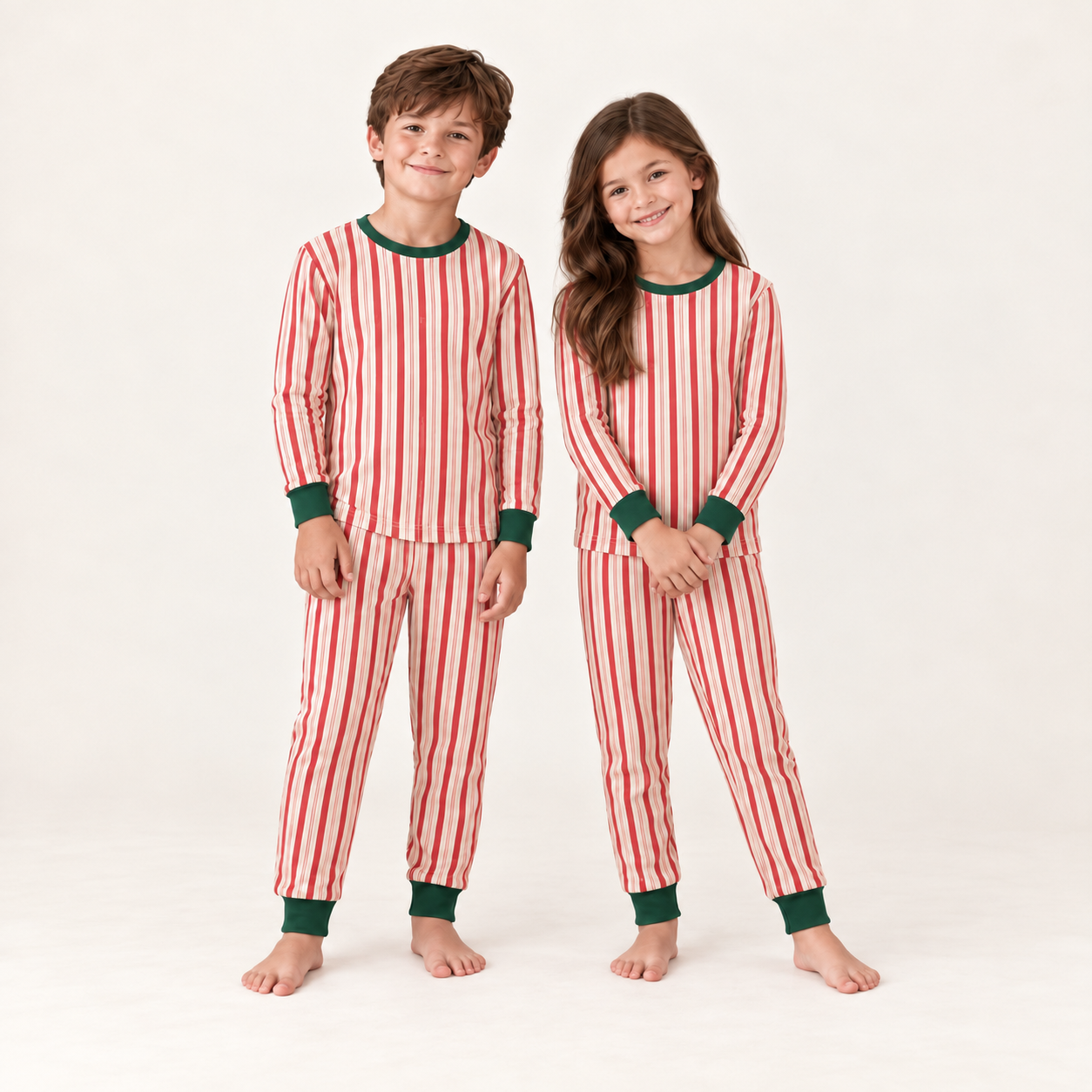 Christmas Family Matching Pajama Set with Red Candy Cane Stripe Print and Green Trim for Women, Men, Kids, Baby and Dog