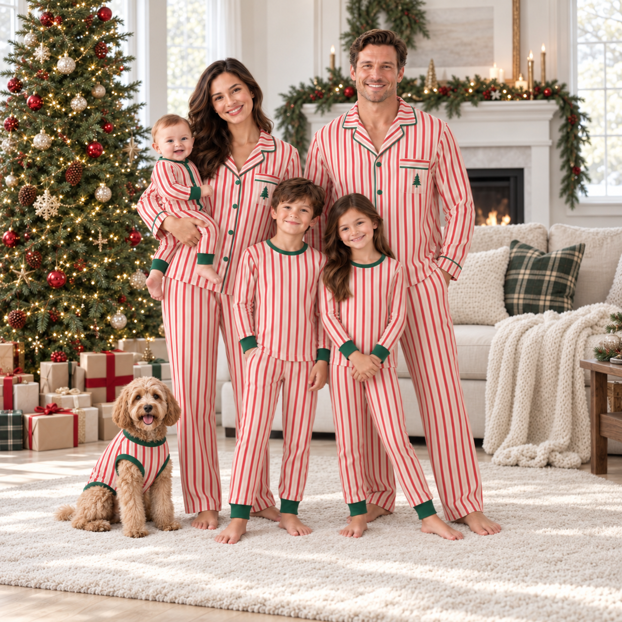 Christmas Family Matching Pajama Set with Red Candy Cane Stripe Print and Green Trim for Women, Men, Kids, Baby and Dog
