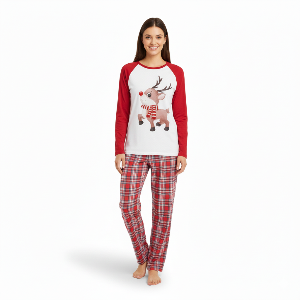 Christmas Print Sleepwear Family Matching Sets with Reindeer Design