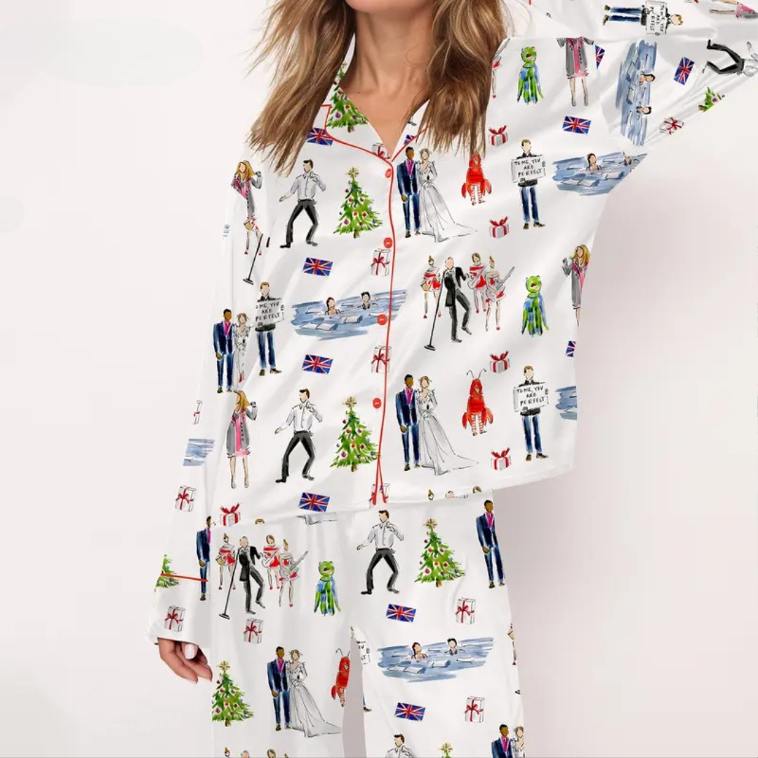 Christmas Satin Sleepwear Set With Printed Top And Pants For Women