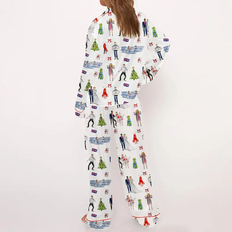 Christmas Satin Sleepwear Set With Printed Top And Pants For Women