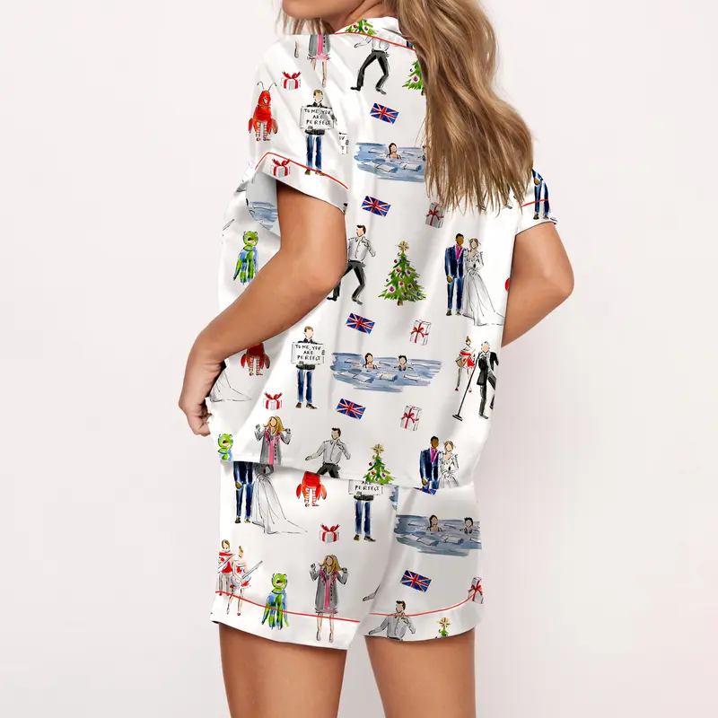 Christmas Satin Sleepwear Set With Printed Top And Pants For Women