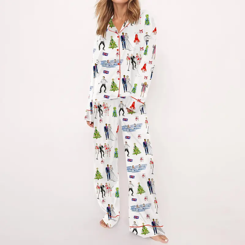 Christmas Satin Sleepwear Set With Printed Top And Pants For Women