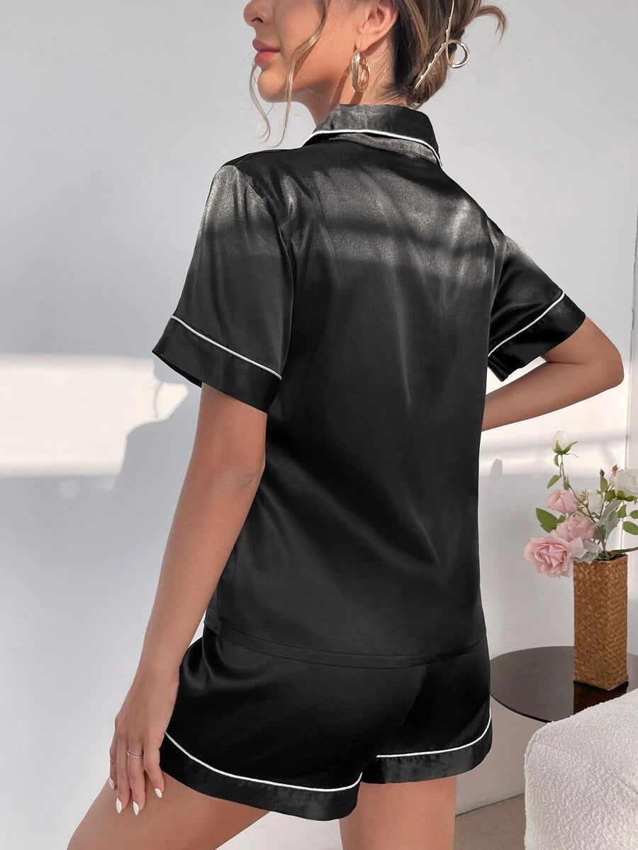 Contrast Piping Satin Pajama Set-Original Pajamas