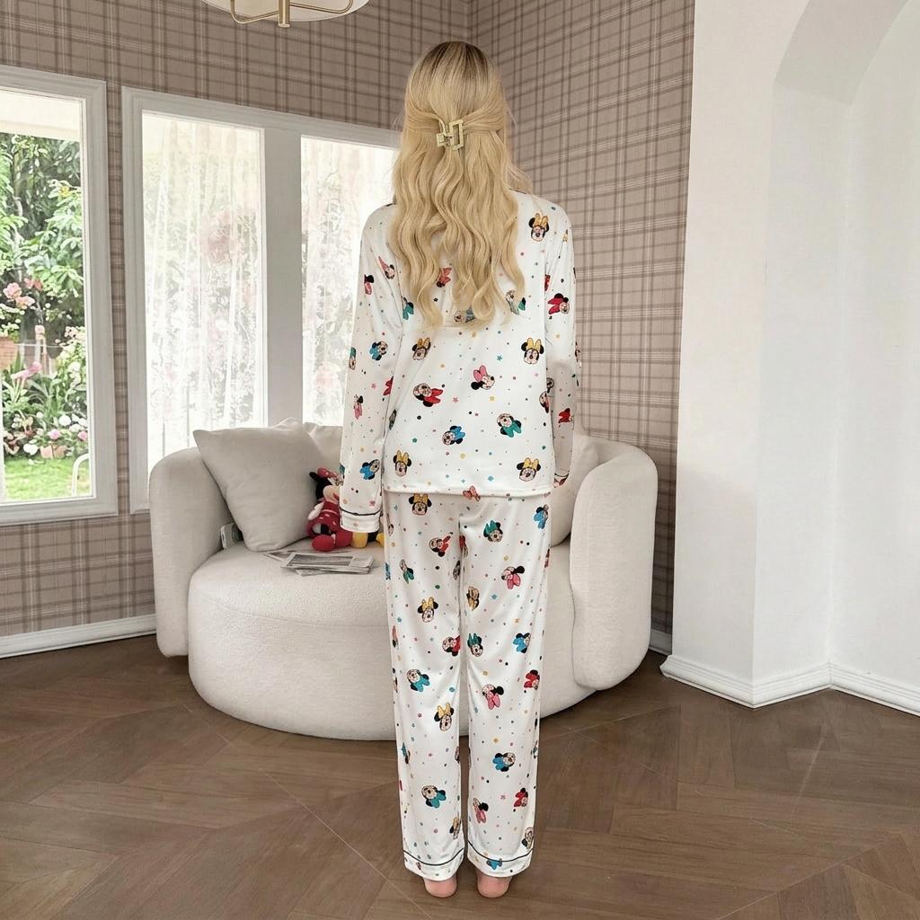 Cartoon Print Sleepwear Pajama Set With Matching Long Sleeve Top And Pants For Women