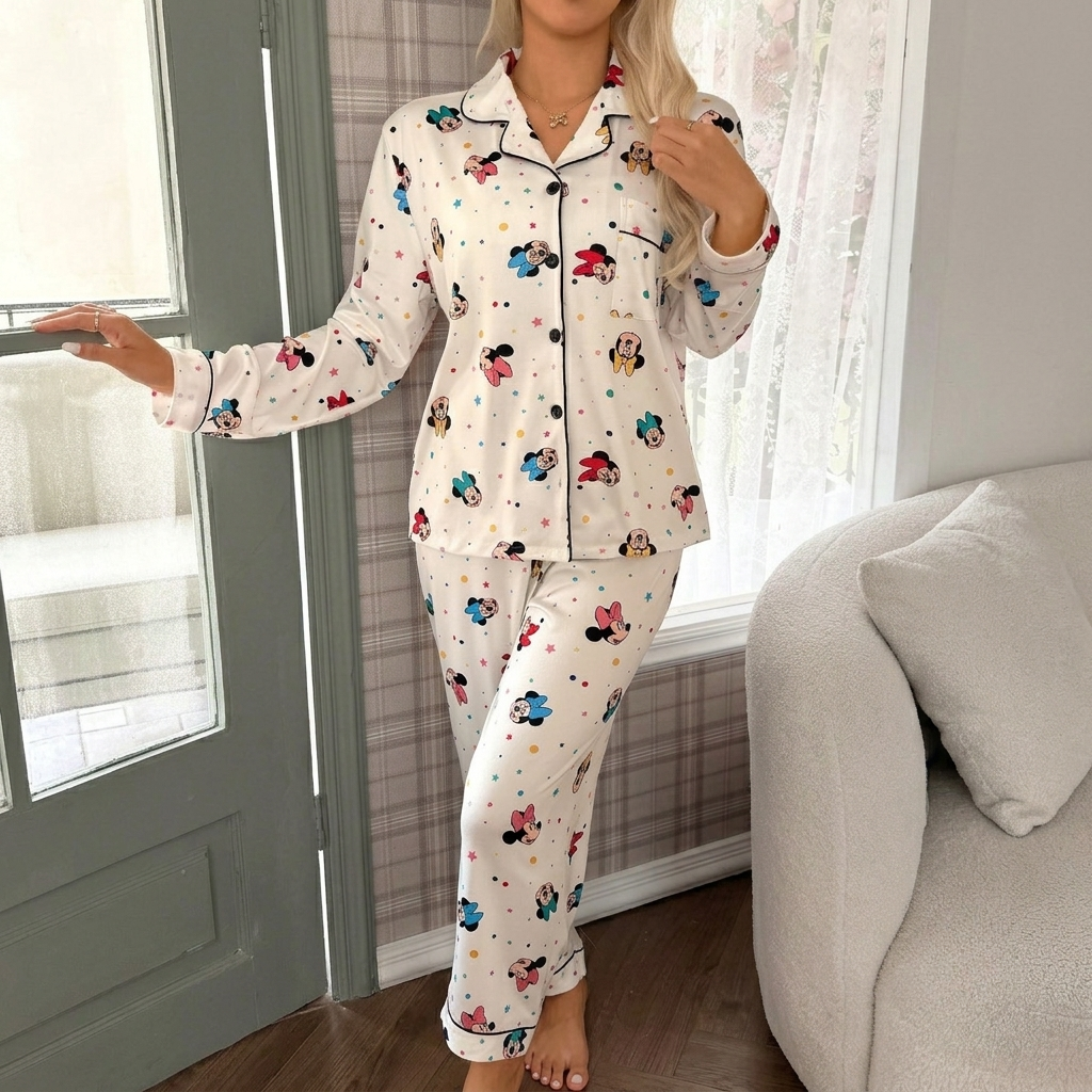 Cartoon Print Sleepwear Pajama Set With Matching Long Sleeve Top And Pants For Women