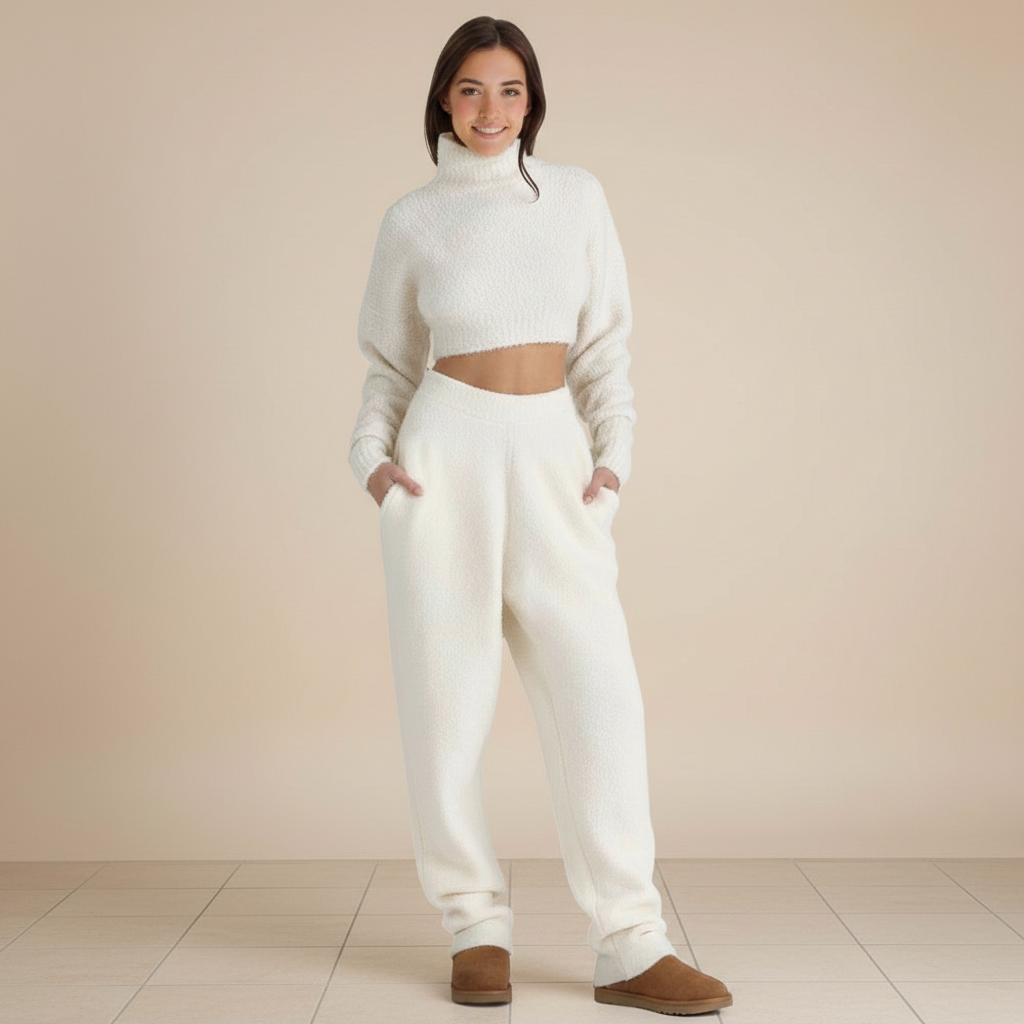 Cropped Boucle Wool Knit Sweater And Pant Set
