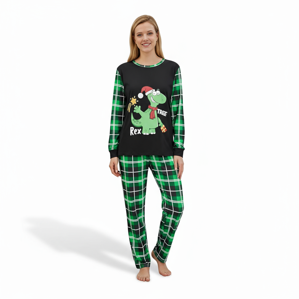 Dinosaur Rex Tree Printed Plaid Family Matching Christmas Pajama Set