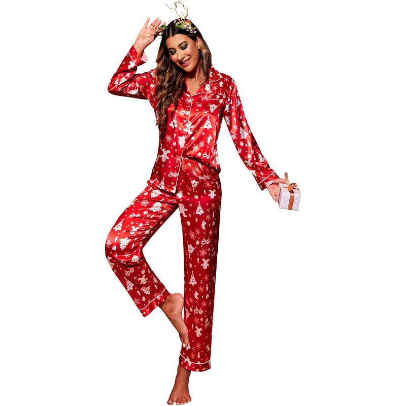 Christmas Theme Button Down Satin Pajama Set-Original Pajamas