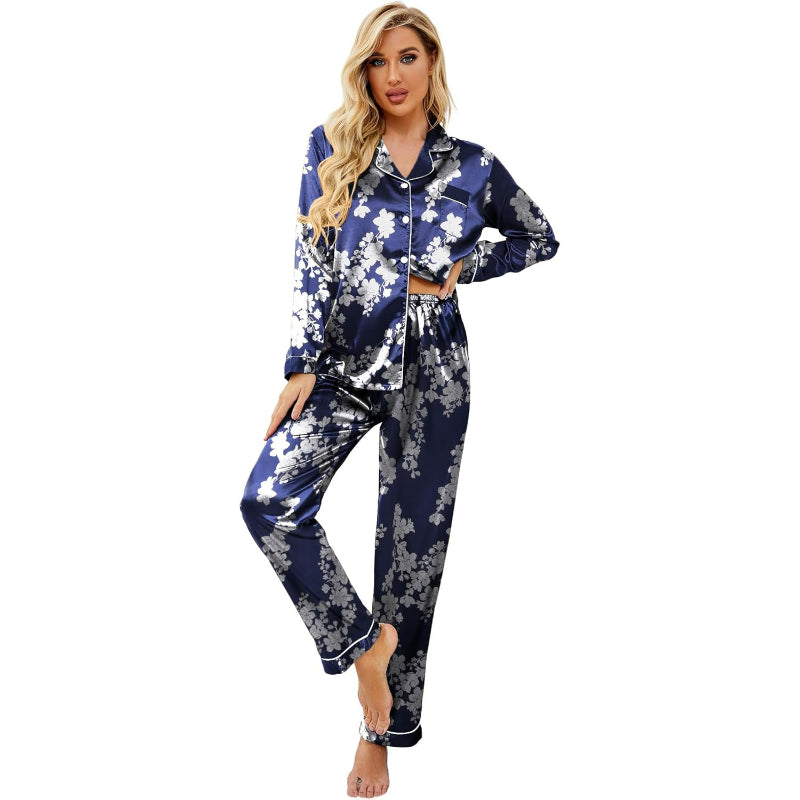 Floral Theme Button Down Satin Pajama Set-Original Pajamas