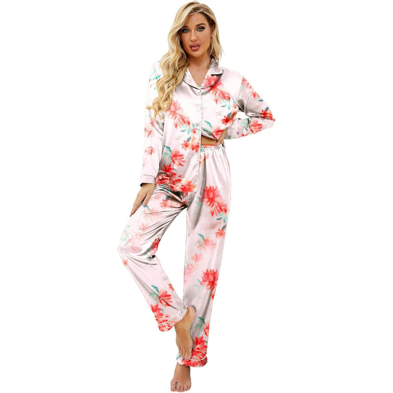 Floral Theme Button Down Satin Pajama Set-Original Pajamas
