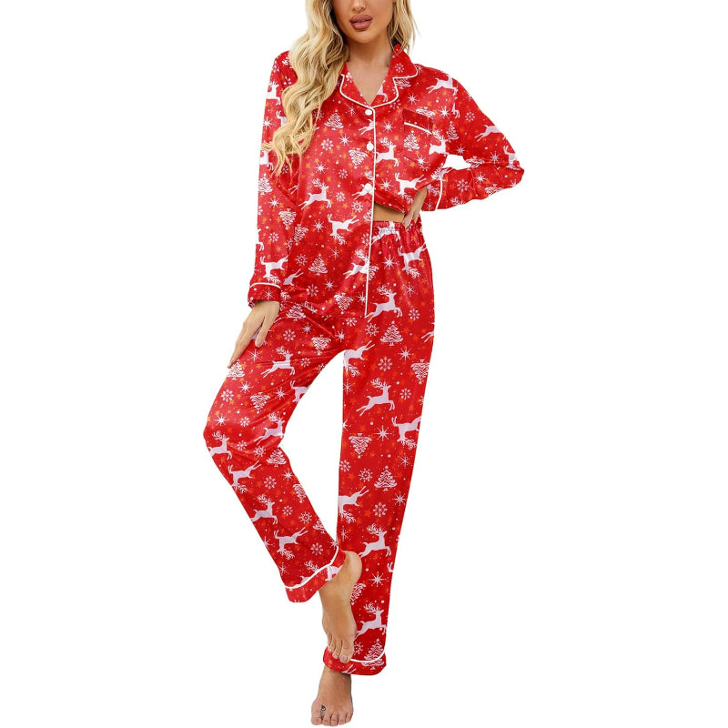 Christmas Theme Button Down Satin Pajama Set-Original Pajamas