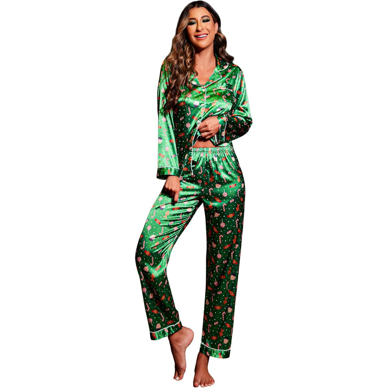 Christmas Theme Button Down Satin Pajama Set-Original PajamasChristmas Theme Button Down Satin Pajama Set - Image 4