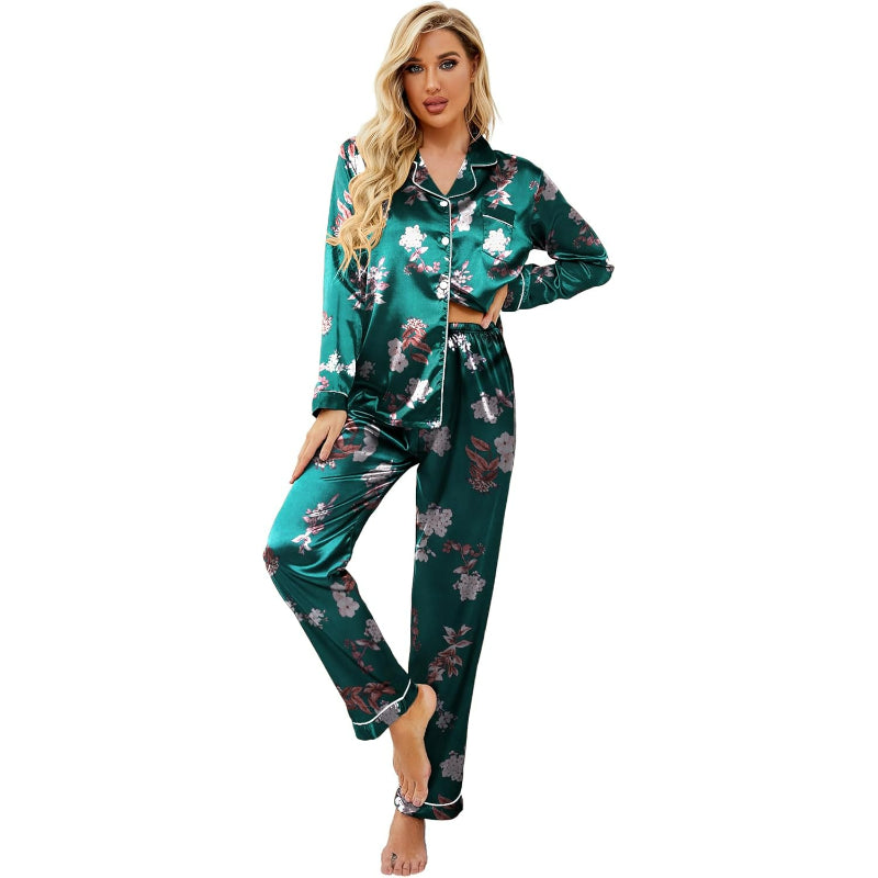 Floral Theme Button Down Satin Pajama Set-Original PajamasFloral Theme Button Down Satin Pajama Set - Image 3