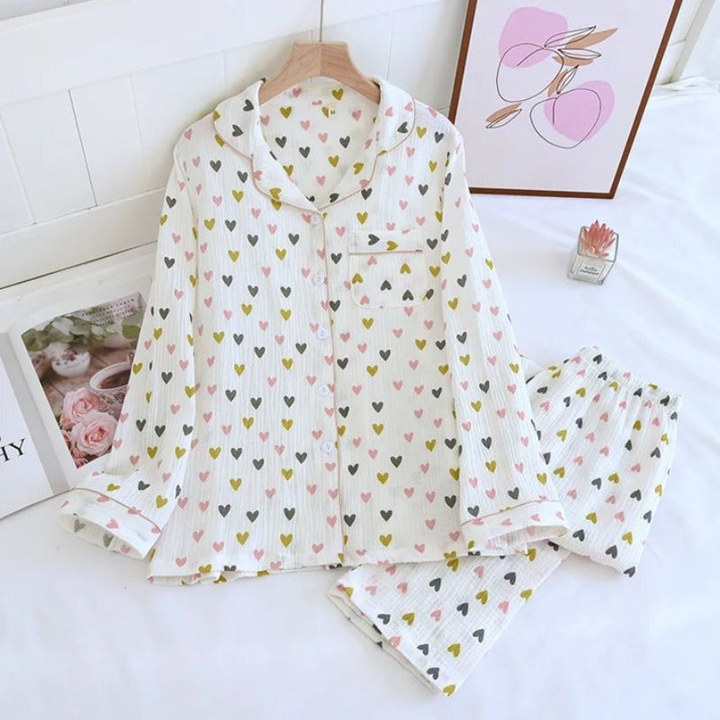 Elegant Heart Print Crepe Pajama set-Original Pajamas