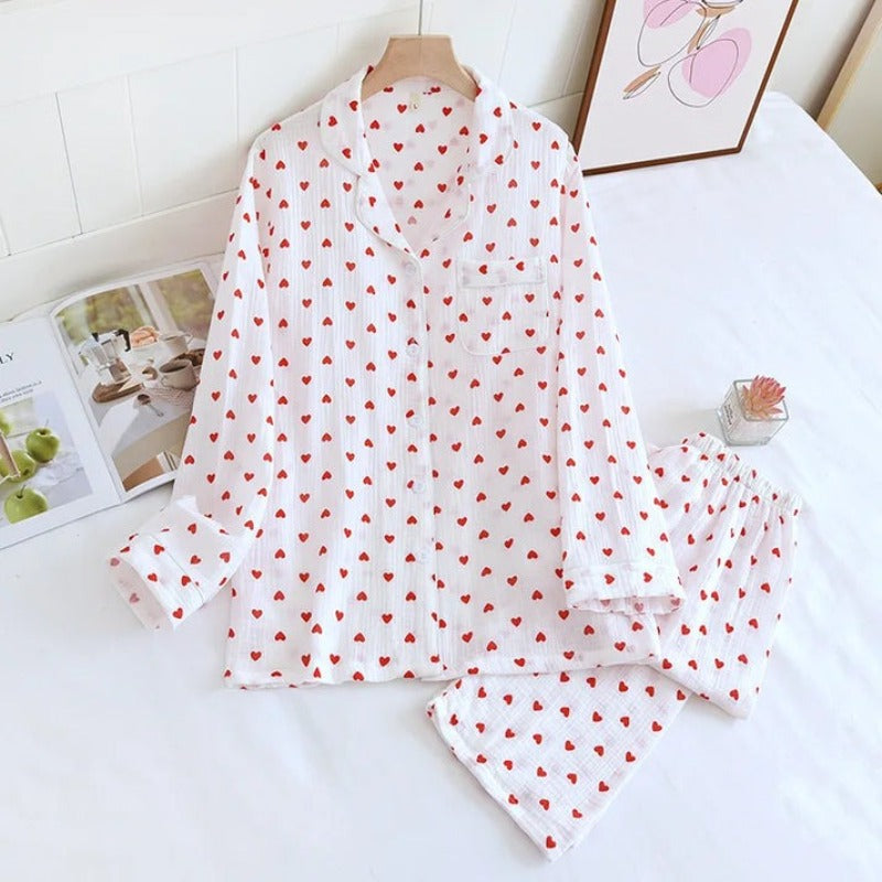 Elegant Heart Print Crepe Pajama set-Original Pajamas
