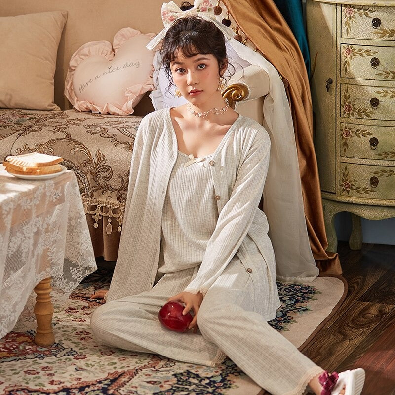 Vintage Victoria 3 Piece Pj Set Womens Nightgown-Original Pajamas