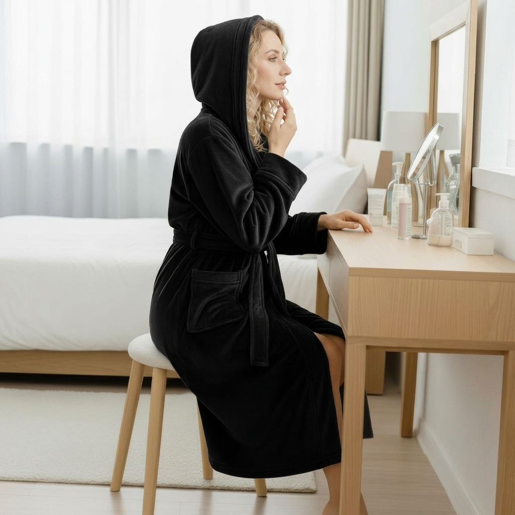 Fleece Plush Hooded Bath Robe For Women