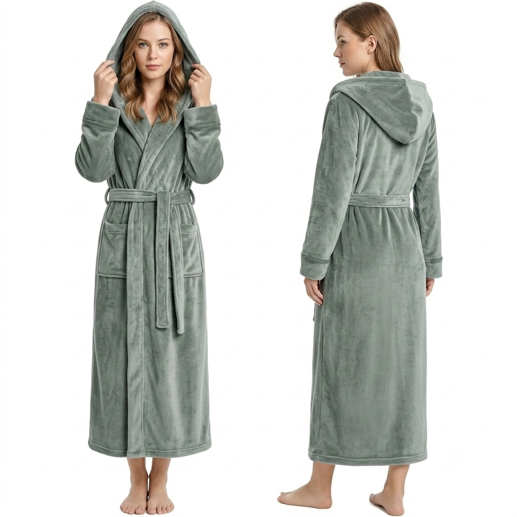 Fleece Plush Hooded Bath Robe For Women