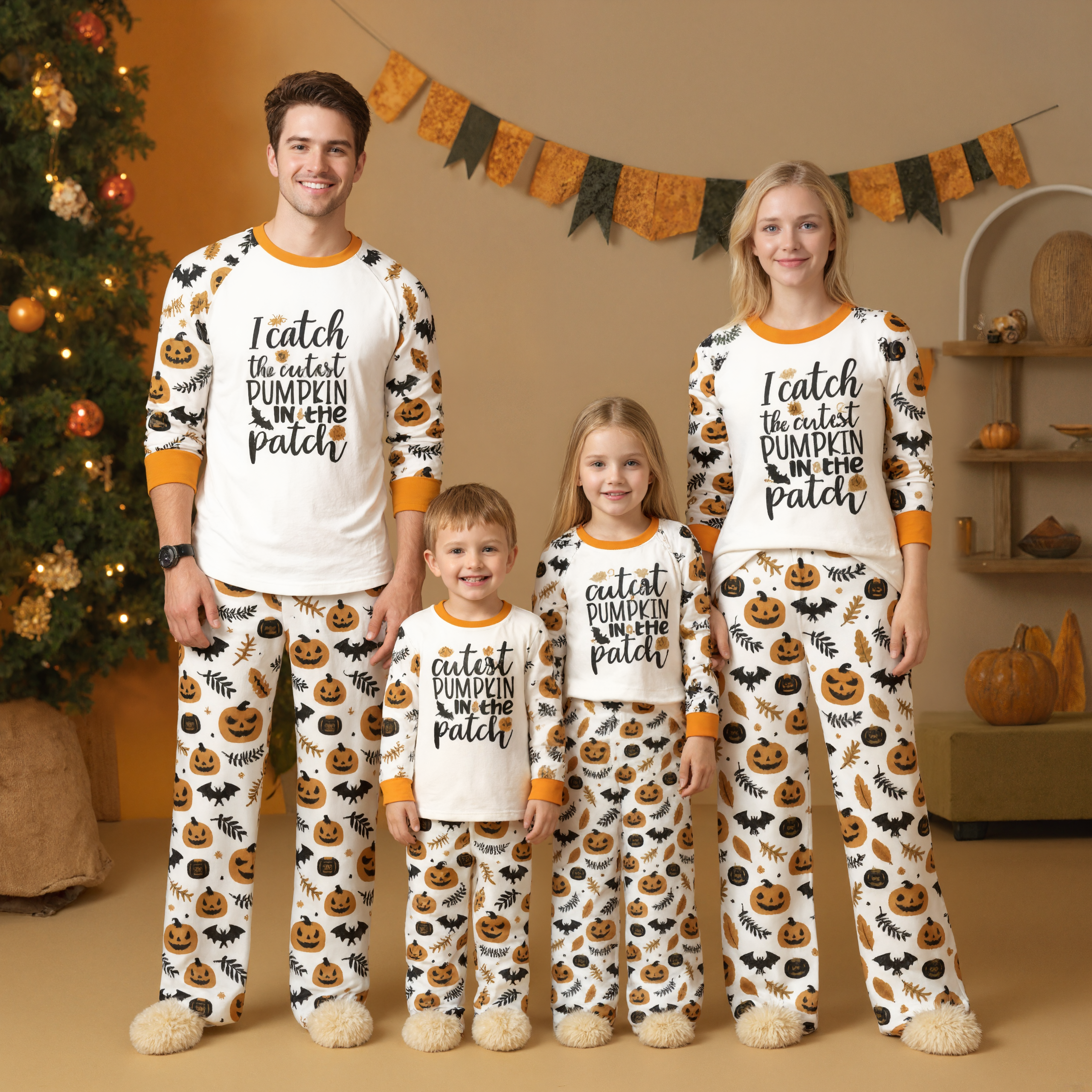 Halloween Letter Print & White pumpkin leaves Graphic Family Matching Pajama Sets