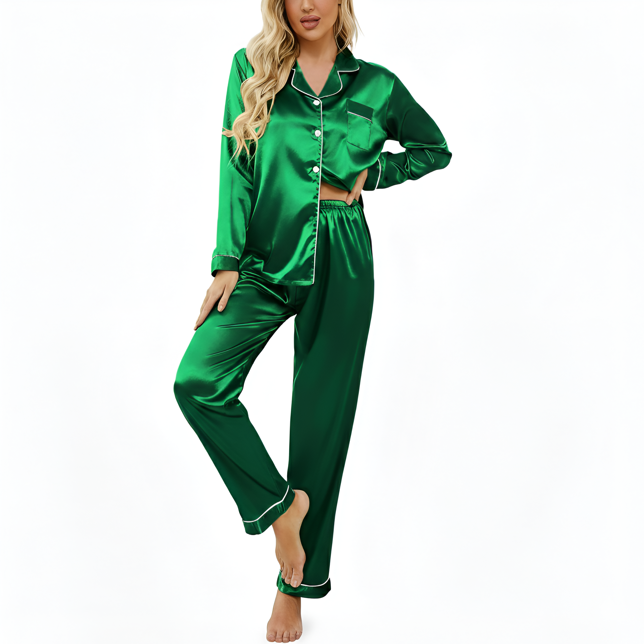 Classic Long Sleeve Pajama Set Button Front For Women
