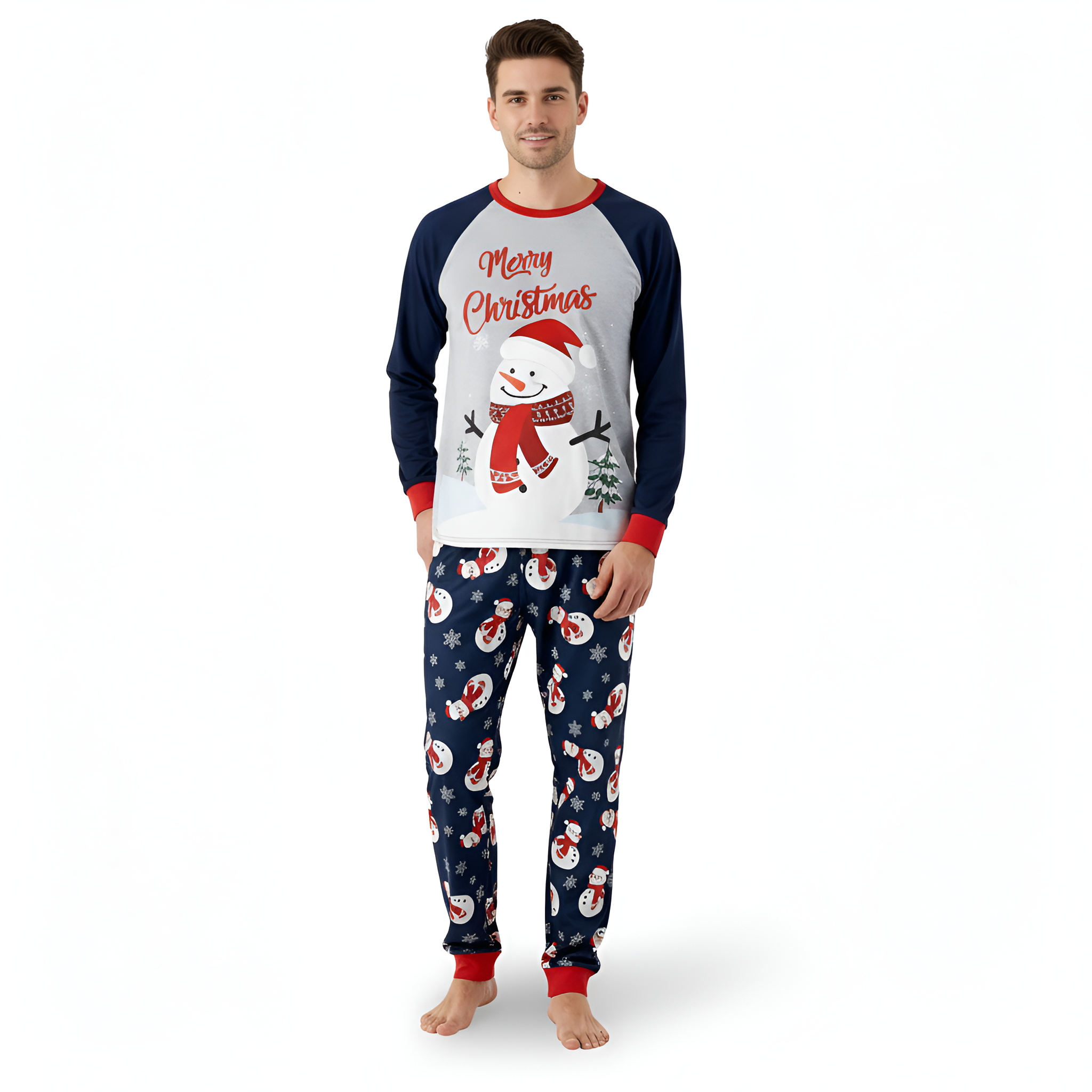 Snowman Printed Christmas Crew Neck Pajama Set