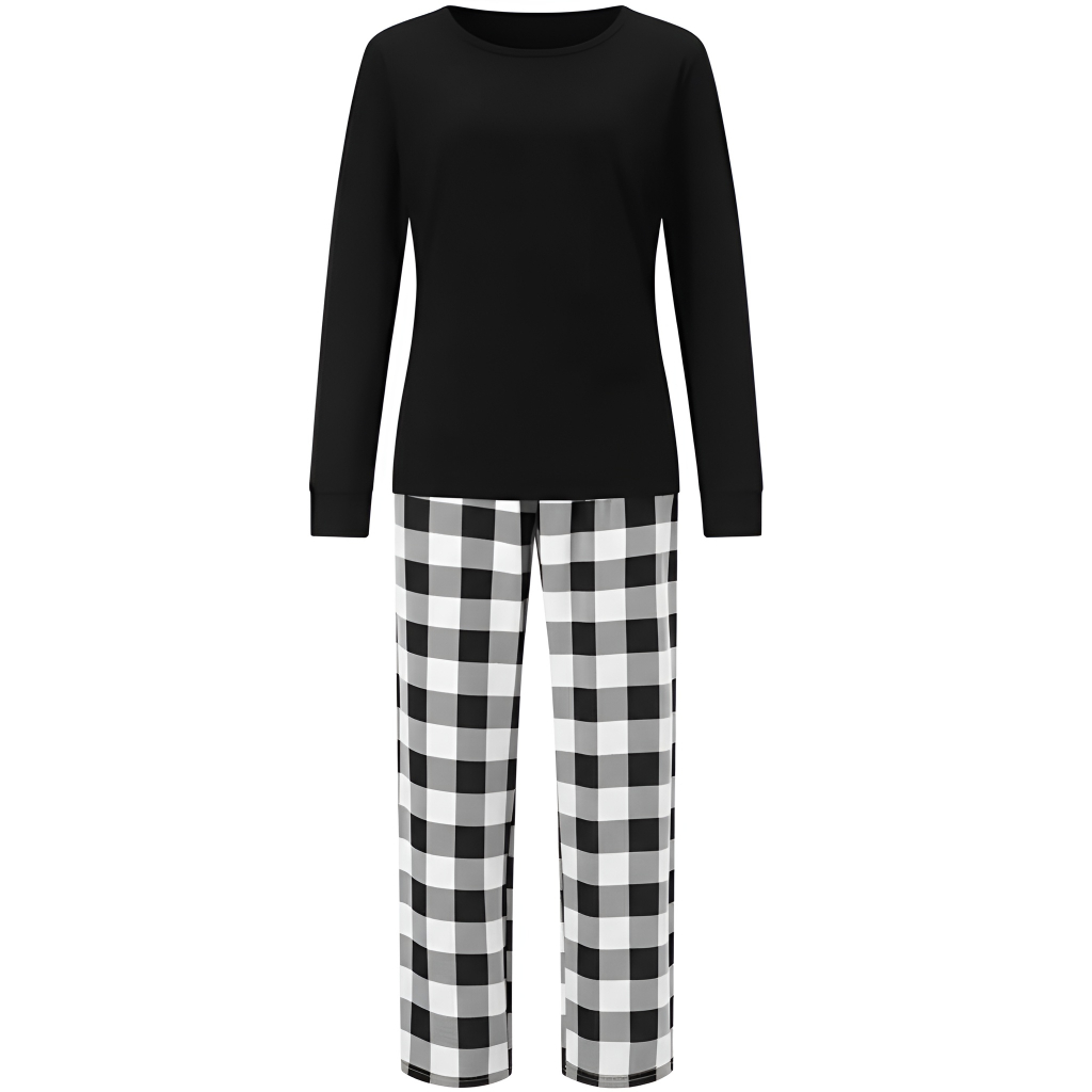 Women Pajama Set Long Sleeved Round Neck Top and Casual Comfortable Checkered Printed Pants