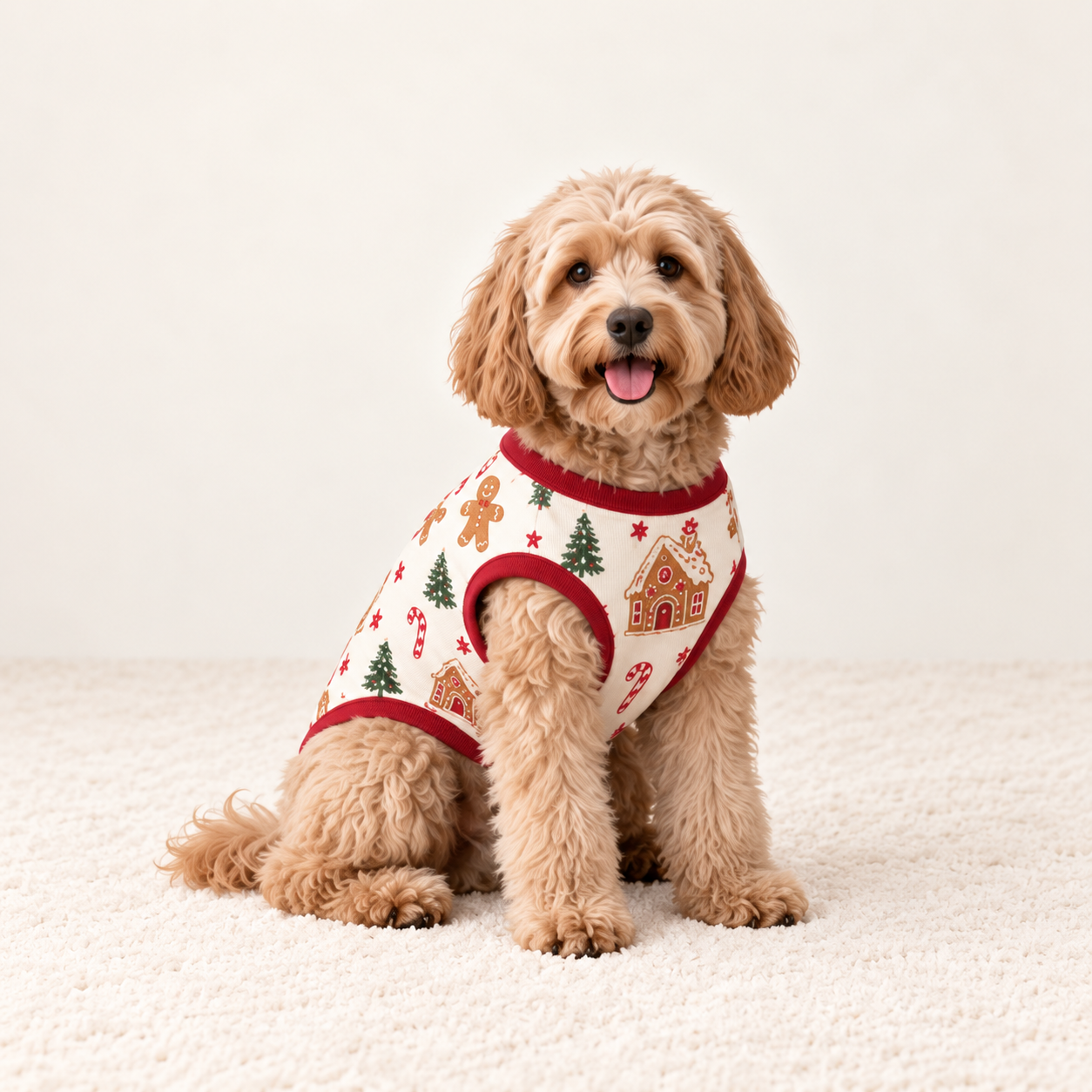 Gingerbread House Christmas Family Matching Pajama Set with Red Top and Cream Cookie Print Pants for Women, Men, Kids, Baby and Dog