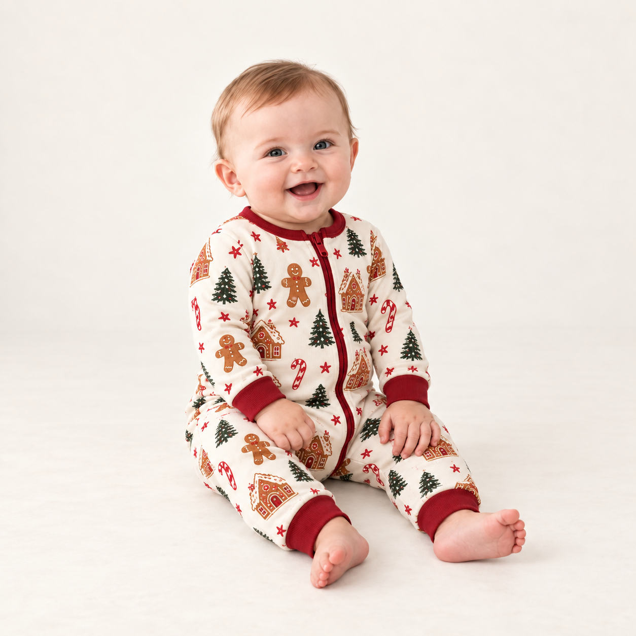 Gingerbread House Christmas Family Matching Pajama Set with Red Top and Cream Cookie Print Pants for Women, Men, Kids, Baby and Dog