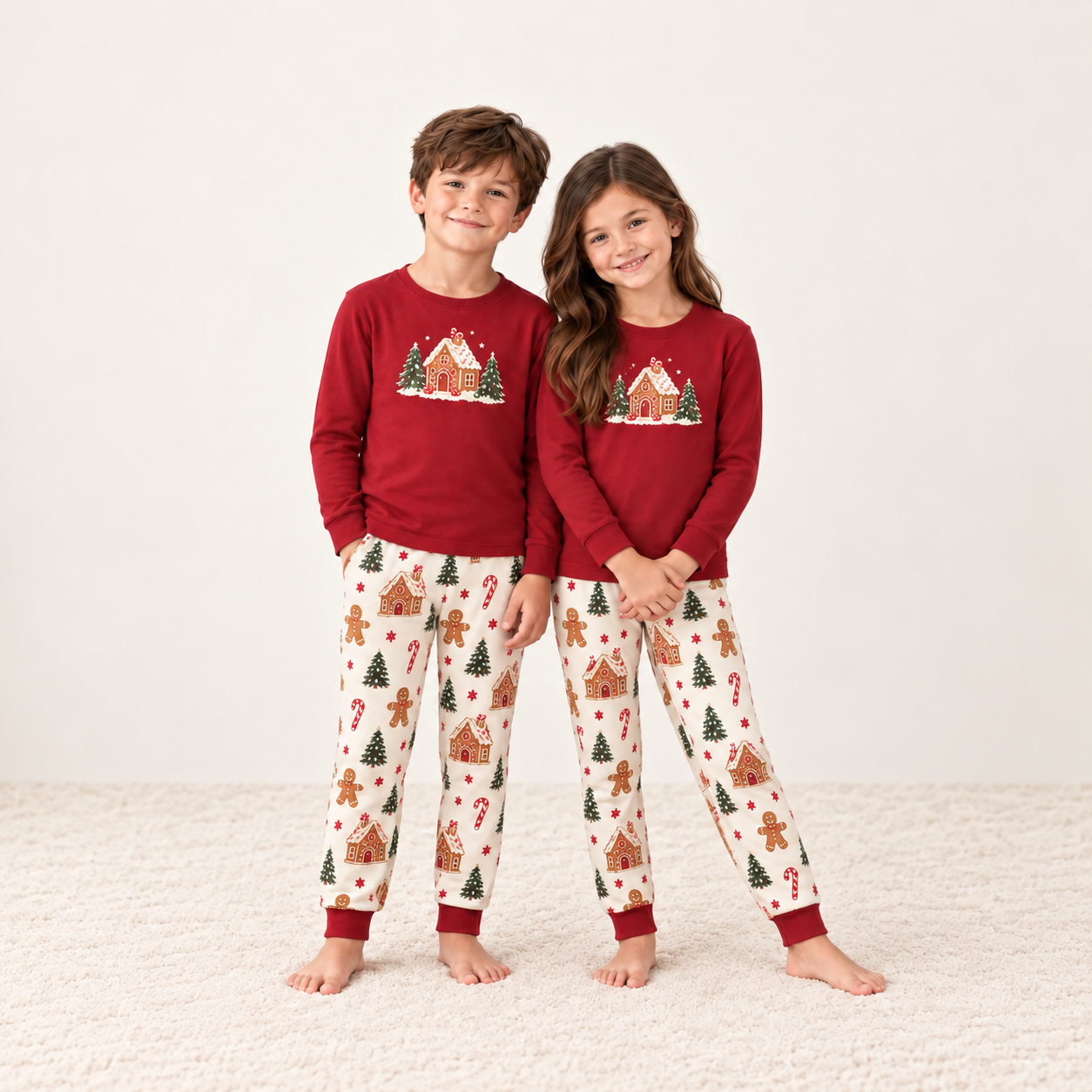 Gingerbread House Christmas Family Matching Pajama Set with Red Top and Cream Cookie Print Pants for Women, Men, Kids, Baby and Dog
