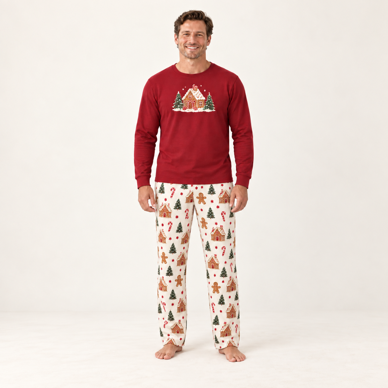Gingerbread House Christmas Family Matching Pajama Set with Red Top and Cream Cookie Print Pants for Women, Men, Kids, Baby and Dog