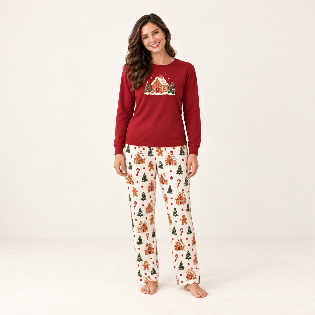 Gingerbread House Christmas Family Matching Pajama Set with Red Top and Cream Cookie Print Pants for Women, Men, Kids, Baby and Dog