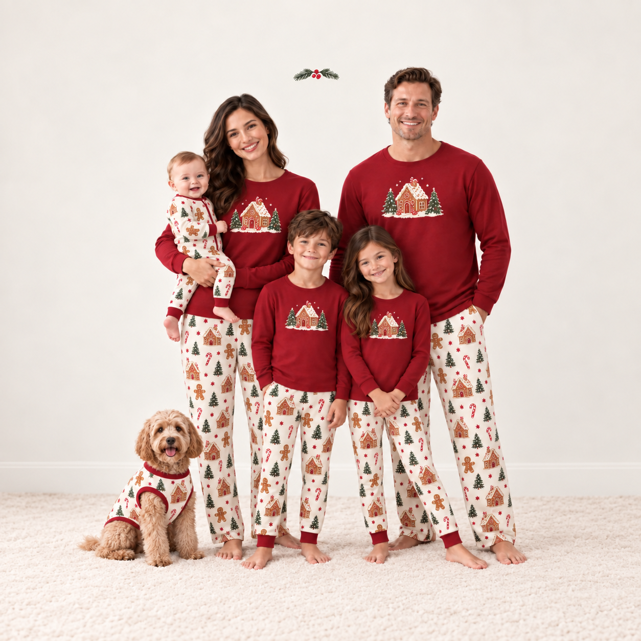 Gingerbread House Christmas Family Matching Pajama Set with Red Top and Cream Cookie Print Pants for Women, Men, Kids, Baby and Dog