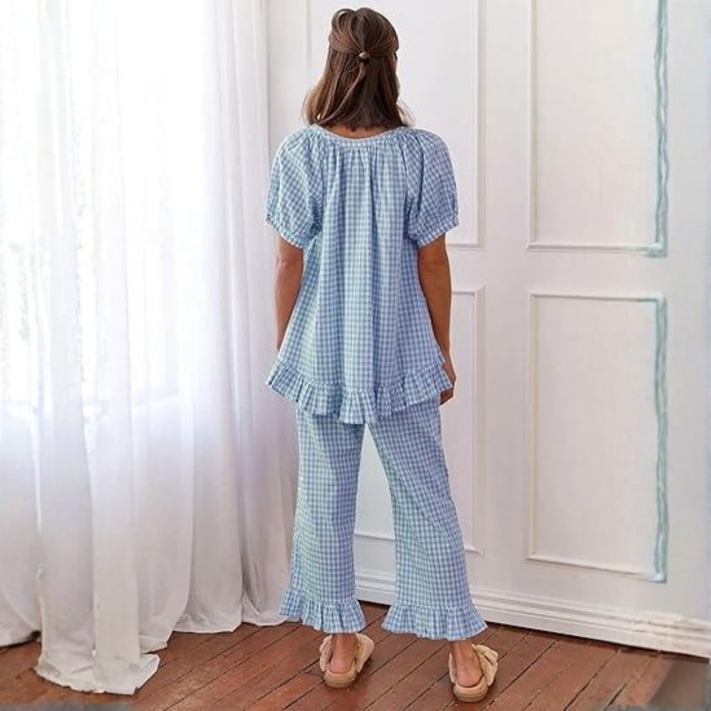 Gingham Pajama Set 2 Piece Cotton Pjs Cute Plaid Puff Sleeve Ruffle Babydoll Shirt Pants Lounge Set