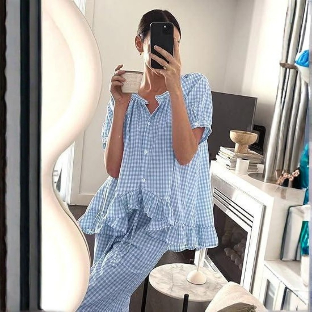 Gingham Pajama Set 2 Piece Cotton Pjs Cute Plaid Puff Sleeve Ruffle Babydoll Shirt Pants Lounge Set