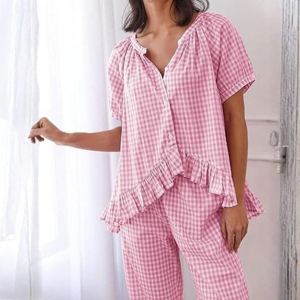 Gingham Pajama Set 2 Piece Cotton Pjs Cute Plaid Puff Sleeve Ruffle Babydoll Shirt Pants Lounge Set