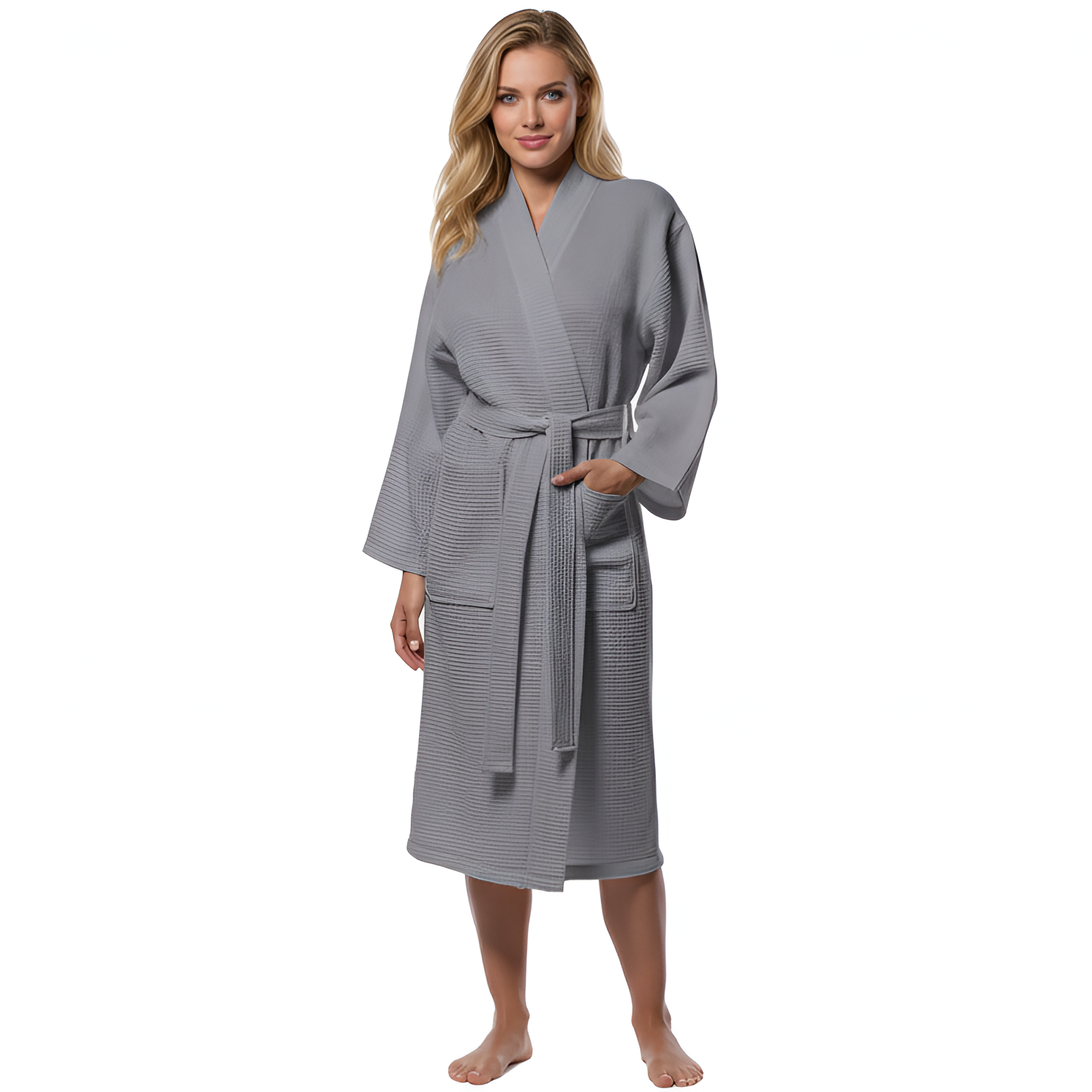 Lightweight Waffle Kimono Style Full Length Bathrobe