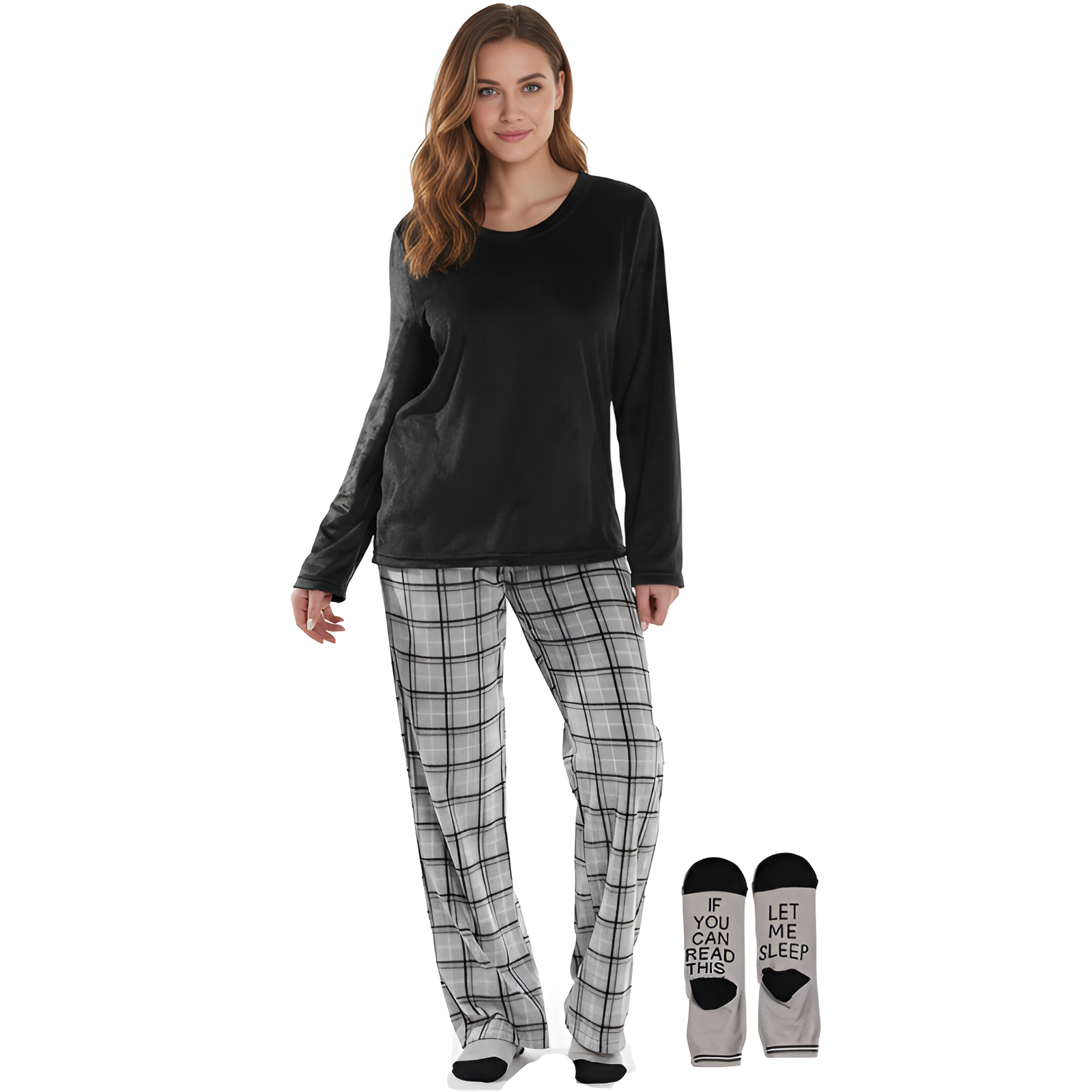 Long Sleeve Pajama Set With Pants And Matching Socks For Women