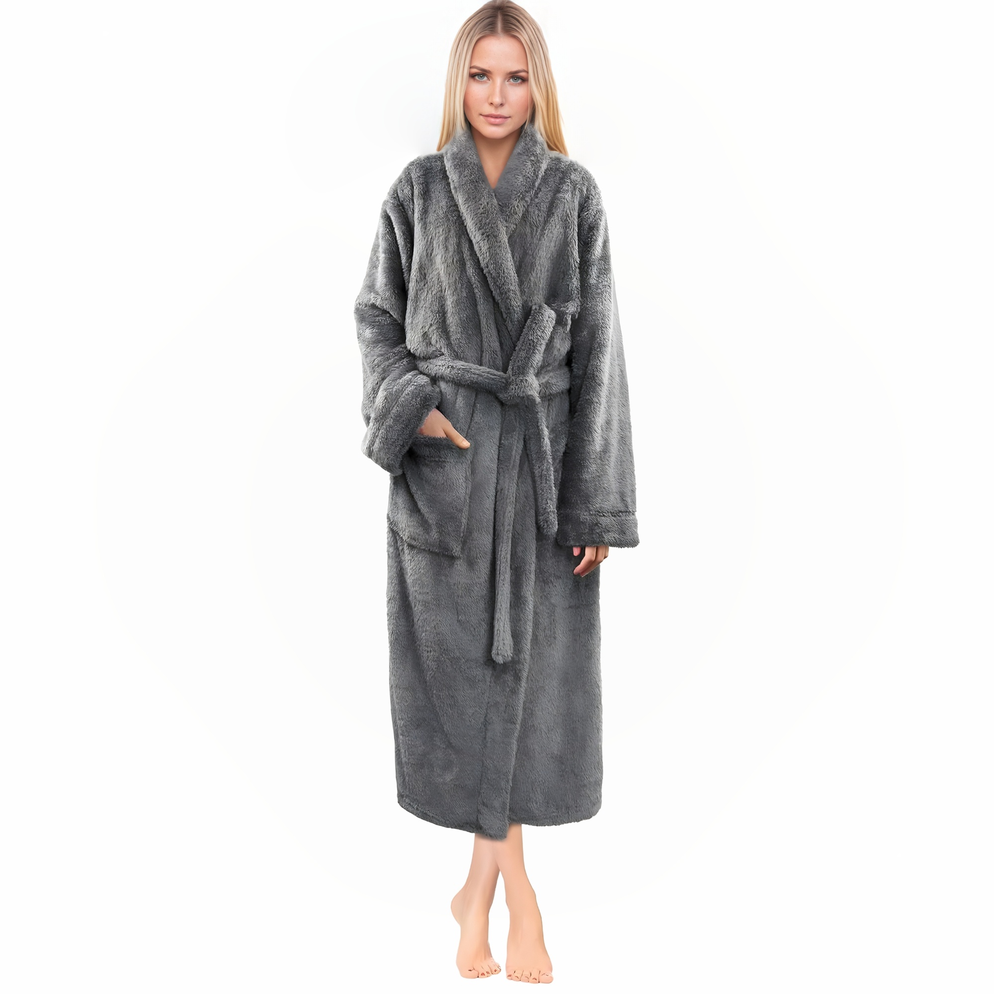 Plush Fleece Sherpa Style Long Bath Robe With Side Pockets For Women