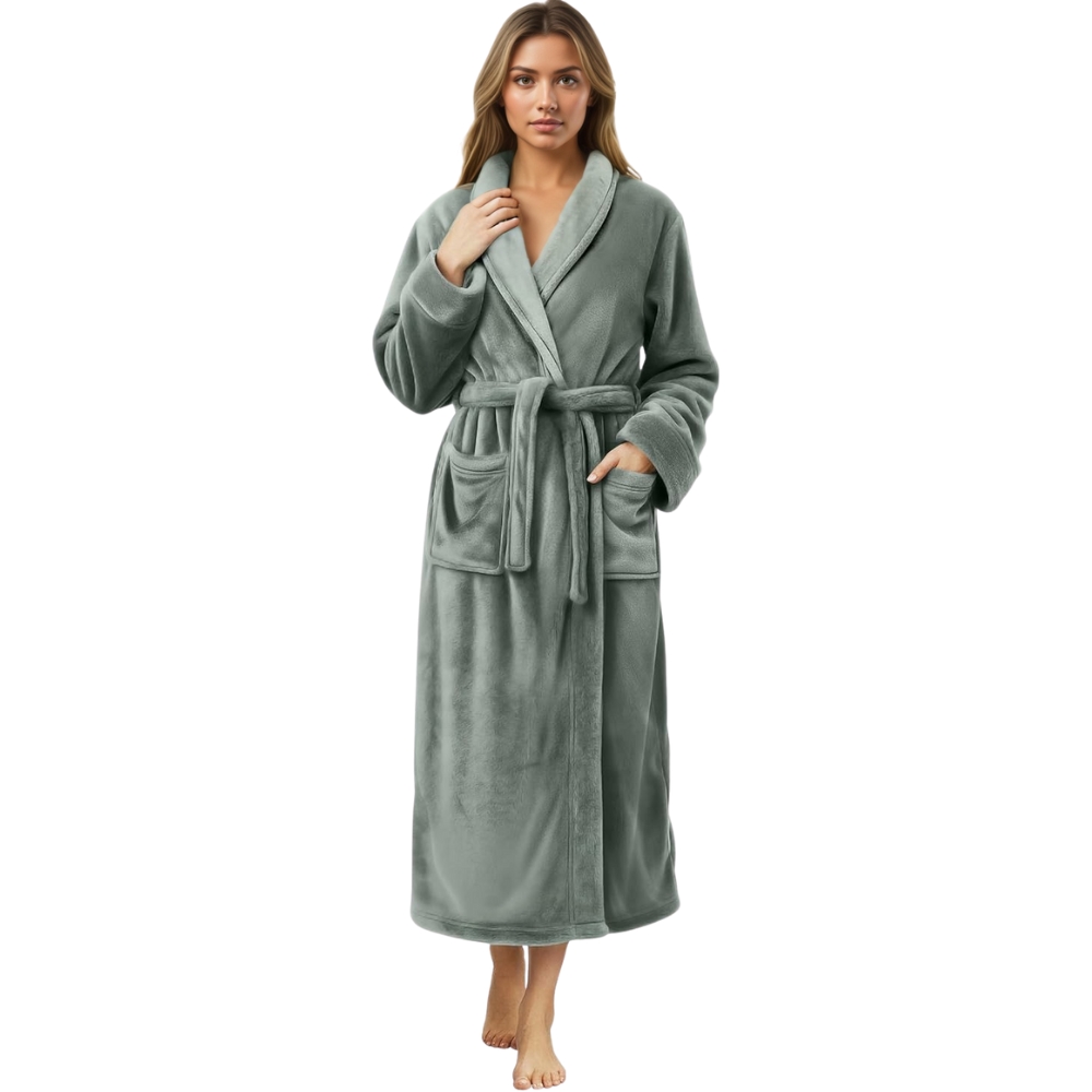 Plush Fleece Long Bath Robe With Shawl Collar And Belt For Women