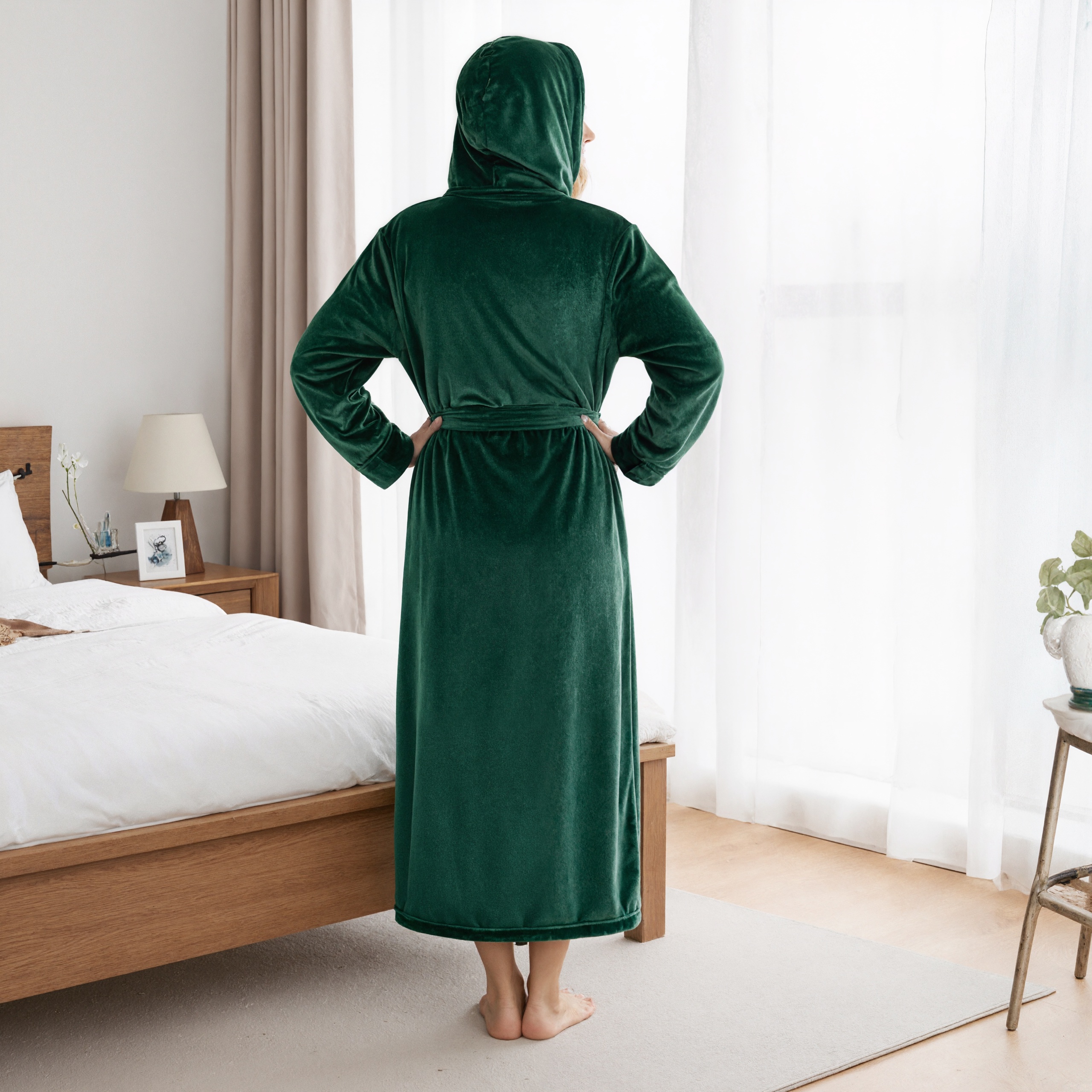 Hooded Plush Fleece Long Bath Robe With Belt And Pockets For Women