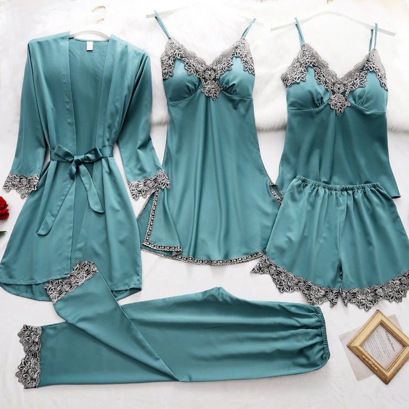 Women's 5 Piece Lace Satin Pajamas Set-Original Pajamas