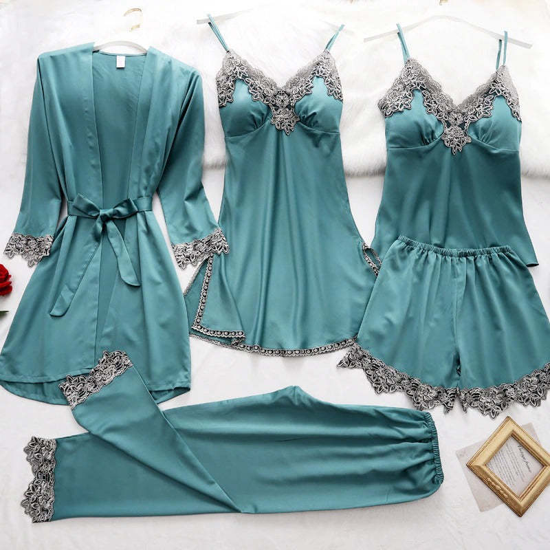Women's 5 Piece Lace Satin Pajamas Set-Original Pajamas