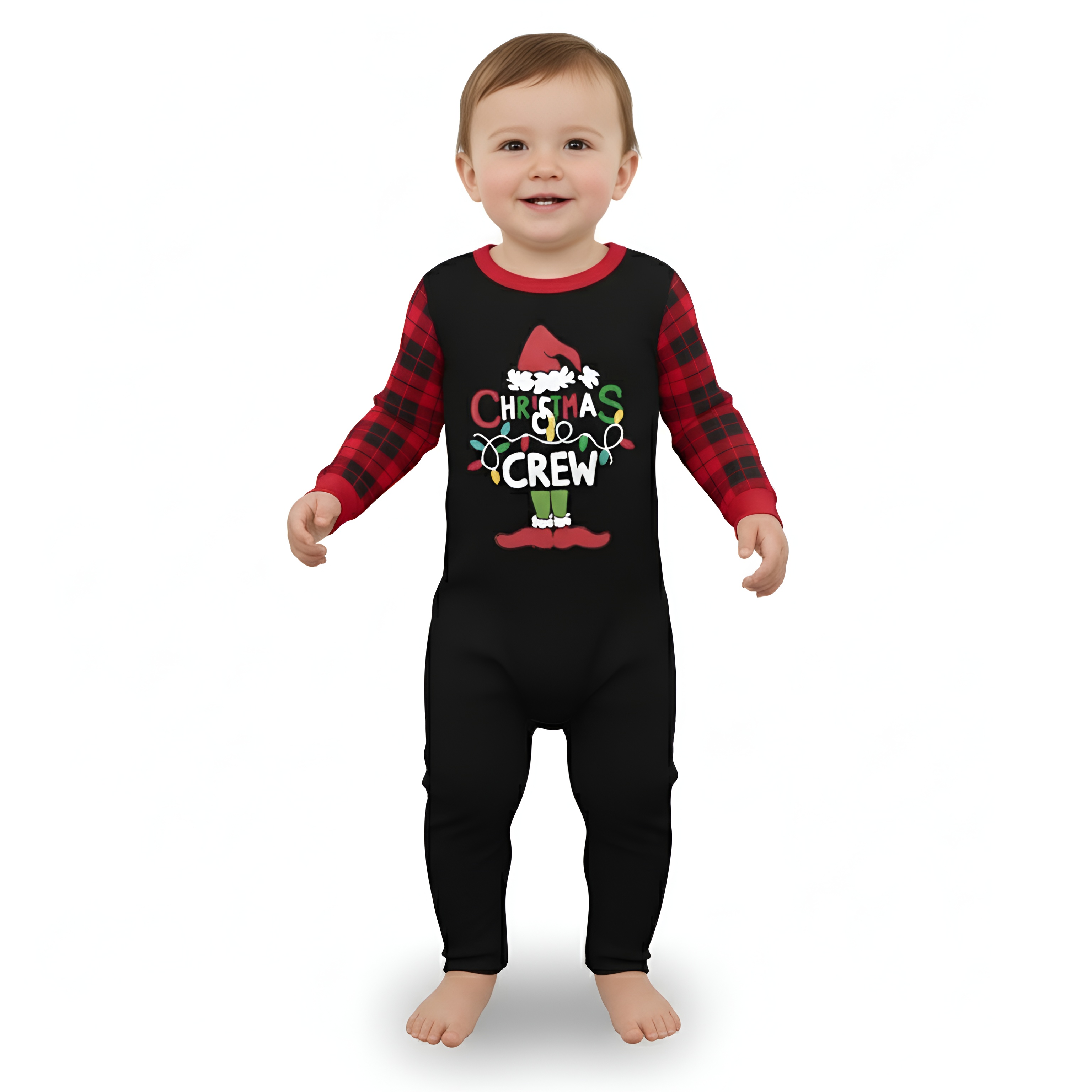 Hat And Elf Shoe Christmas Crew Printed Family Matching Plaid Pajama Set