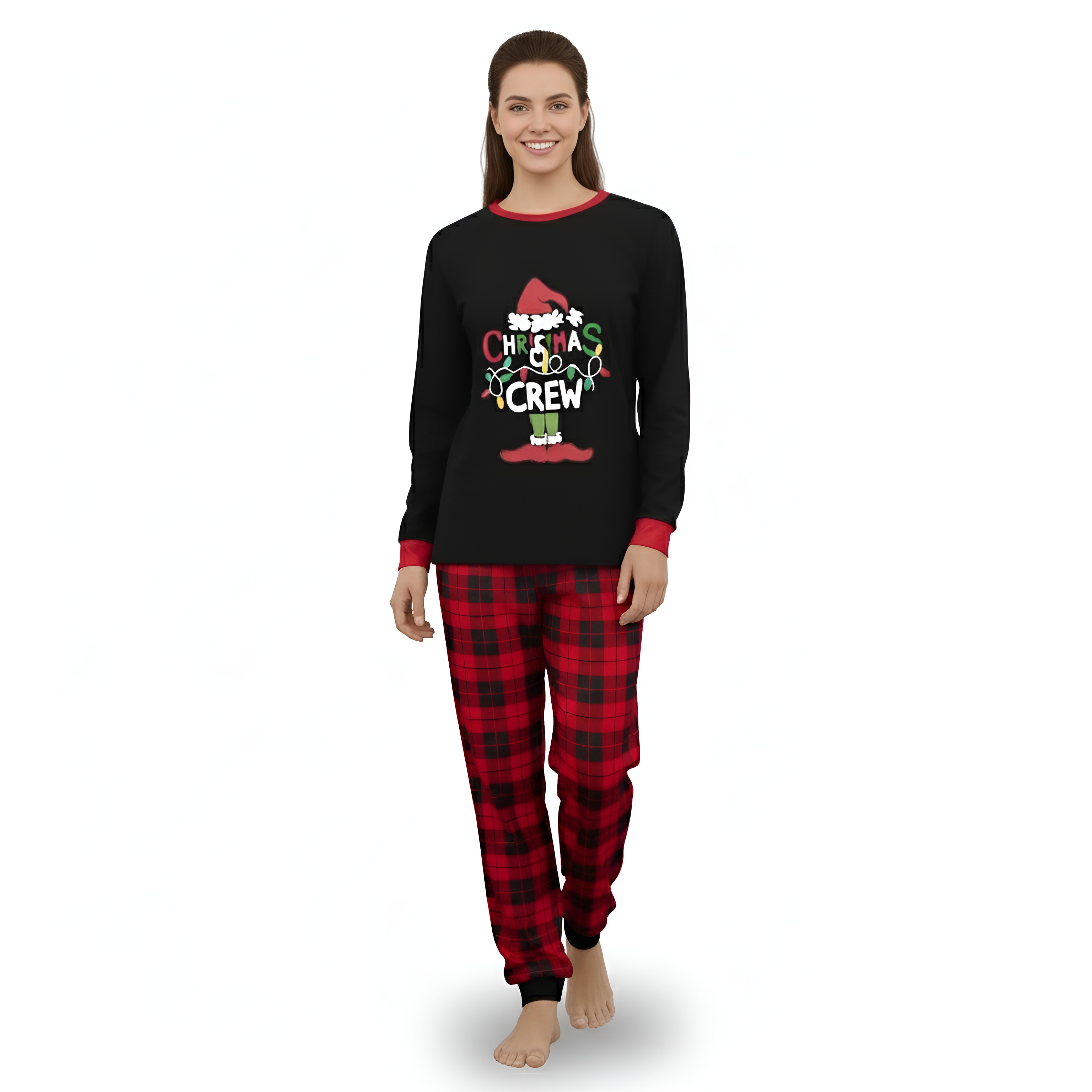 Hat And Elf Shoe Christmas Crew Printed Family Matching Plaid Pajama Set