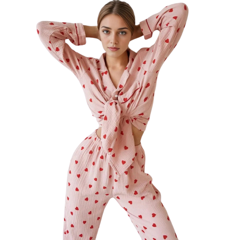 Heart Print Button Up Crepe Pajama set-Original Pajamas