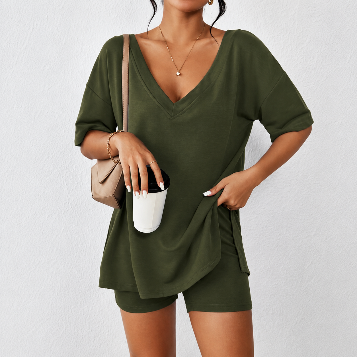 Two Piece Pajama Set With Split Hem Shirt And Shorts For Women