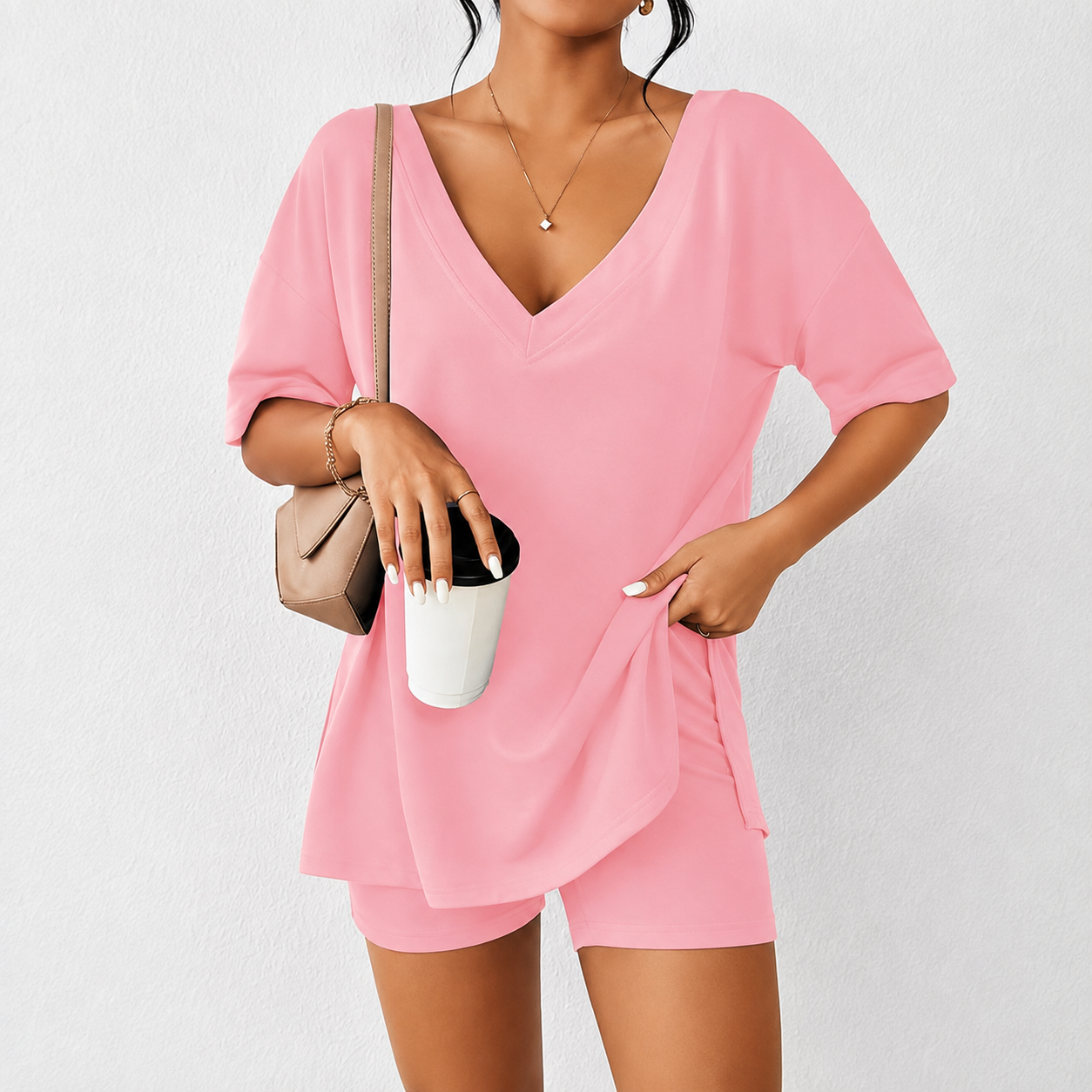 Two Piece Pajama Set With Split Hem Shirt And Shorts For Women
